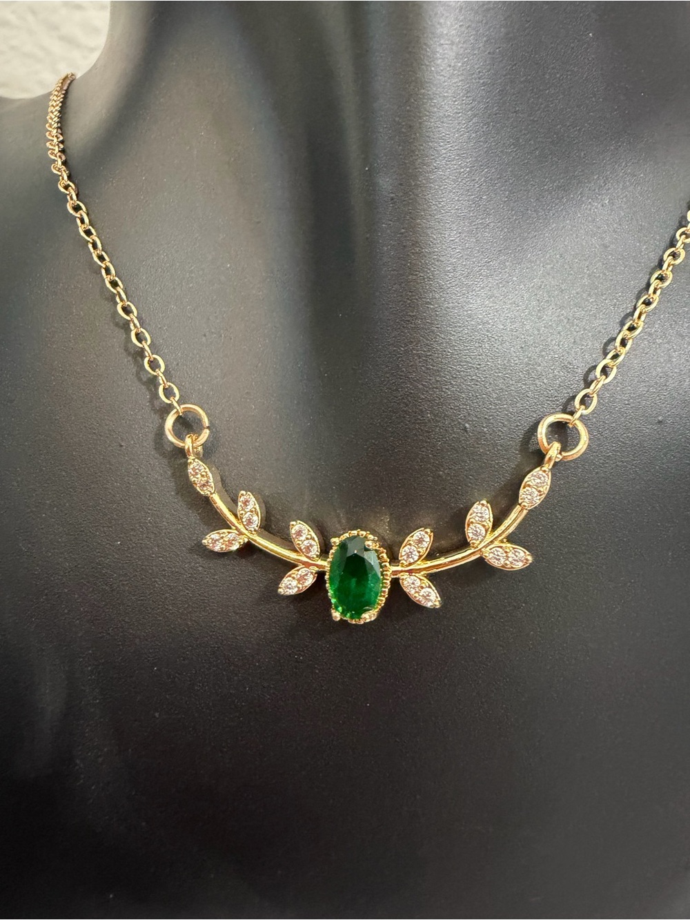 Gold Leaf Necklace with Green Center Stone - Women Jewelry